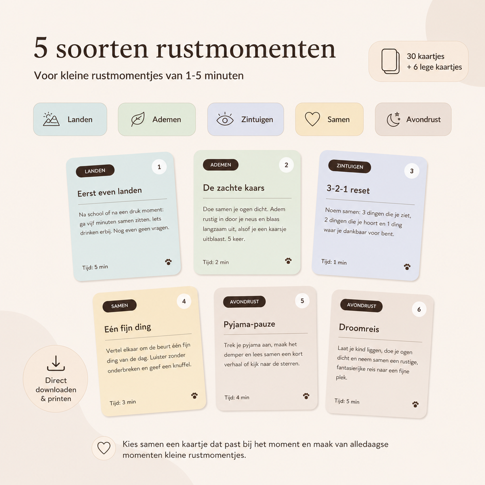 30 printbare rustkaartjes voor 1–5 minuten rust samen